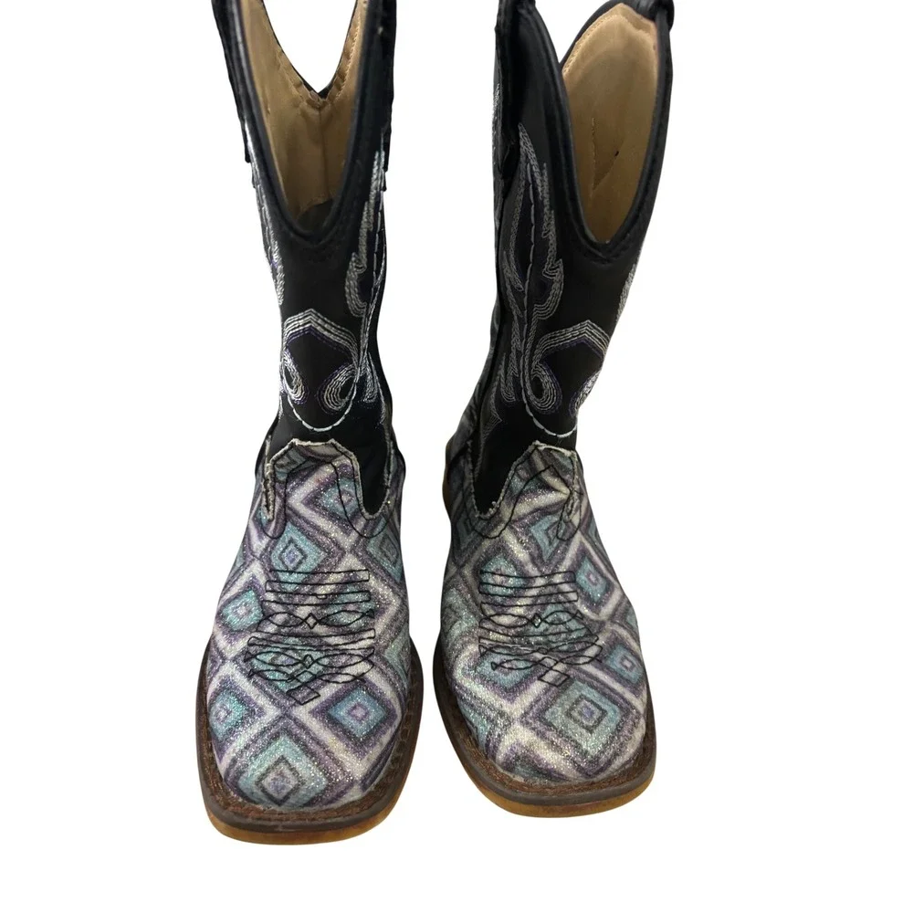 Roper Cowboy Boots 11 Cattle Kids Black Purple Glitter Geometric Western